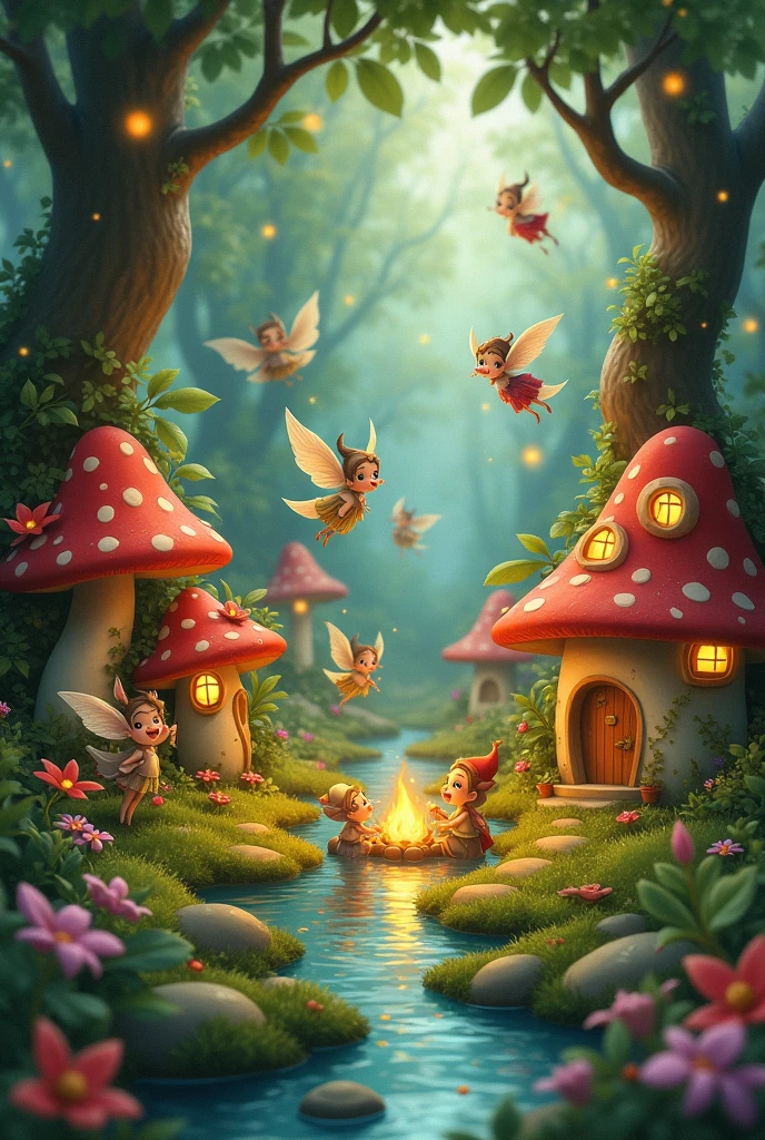Create an image of an enchanting group of adorable, tiny elves in their magical forest village. The elves have big, expressive eyes, rosy cheeks, and mischievous smiles, with their small bodies dressed in colorful, whimsical clothing made of leaves, flowers, and soft moss. Each elf has a unique, playful appearance, with delicate wings, pointy ears, and tiny hats adorned with berries and acorns.

Their village is nestled deep within a lush, ancient forest, with towering trees whose branches form a protective canopy overhead. The homes of the elves are charming, mushroom-shaped cottages with glowing windows and tiny doors, all connected by winding, flower-lined pathways. The village is alive with soft, magical light, coming from glowing mushrooms, fireflies, and sparkling, floating orbs that dance through the air.

In the background, a crystal-clear stream flows gently, reflecting the vibrant colors of the forest, while delicate, glowing flowers and plants sway in the breeze. Some elves are playing near the water, others are gathering around a cozy fire in the center of the village, and a few are flying joyfully among the trees, leaving trails of sparkling dust behind them.

The atmosphere is warm, inviting, and filled with a sense of wonder and magic, as the tender, playful nature of the elves is perfectly captured in their harmonious, fairy-tale-like surroundings."

This prompt should help create a heartwarming and magical image of a village filled with very cute and enchanting elves in their magical forest home.