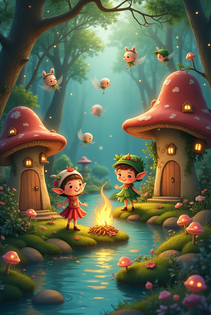 Create an image of an enchanting group of adorable, tiny elves in their magical forest village. The elves have big, expressive eyes, rosy cheeks, and mischievous smiles, with their small bodies dressed in colorful, whimsical clothing made of leaves, flowers, and soft moss. Each elf has a unique, playful appearance, with delicate wings, pointy ears, and tiny hats adorned with berries and acorns.
Their village is nestled deep within a lush, ancient forest, with towering trees whose branches form a protective canopy overhead. The homes of the elves are charming, mushroom-shaped cottages with glowing windows and tiny doors, all connected by winding, flower-lined pathways. The village is alive with soft, magical light, coming from glowing mushrooms, fireflies, and sparkling, floating orbs that dance through the air.
In the background, a crystal-clear stream flows gently, reflecting the vibrant colors of the forest, while delicate, glowing flowers and plants sway in the breeze. Some elves are playing near the water, others are gathering around a cozy fire in the center of the village, and a few are flying joyfully among the trees, leaving trails of sparkling dust behind them.
The atmosphere is warm, inviting, and filled with a sense of wonder and magic, as the tender, playful nature of the elves is perfectly captured in their harmonious, fairy-tale-like surroundings."
This prompt should help create a heartwarming and magical image of a village filled with very cute and enchanting elves in their magical forest home.