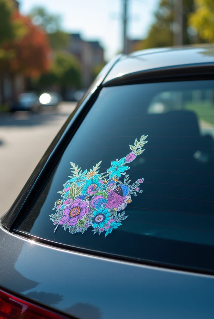 Rear windshield of a car with a decorative sticker attached