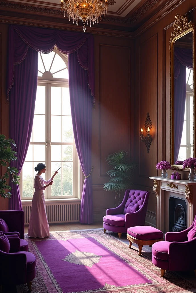 Your morning school-hours are over now, I suppose," said she. She was in a room the folding-doors of which stood open: I went in when she addressed me. It was a large, stately apartment, with purple chairs and curtains, a Turkey carpet, walnut-panelled walls, one vast window rich in slanted glass, and a lofty ceiling, nobly moulded. Mrs. Fairfax was dusting some vases of fine purple spar, which stood on a sideboard. "What a beautiful room!"wide arch corresponding to the window, and hung like it with a Tyrian-dyed curtain, now looped up. Mounting to it by two broad steps, and looking through, I thought I caught a glimpse of a fairy place, so bright to my novice-eyes appeared the view beyond. Yet it was merely a very pretty drawing-room, and within it a boudoir, both spread with white carpets, on which seemed laid brilliant garlands of flowers; both ceiled with snowy mouldings of white grapes and vine-leaves, beneath which glowed in rich contrast crimson couches and ottomans; while the ornaments on the pale Parisian mantelpiecewere of sparkling Bohemian glass, ruby red; and between the windows large mirrors repeated the general blending of snow and fire