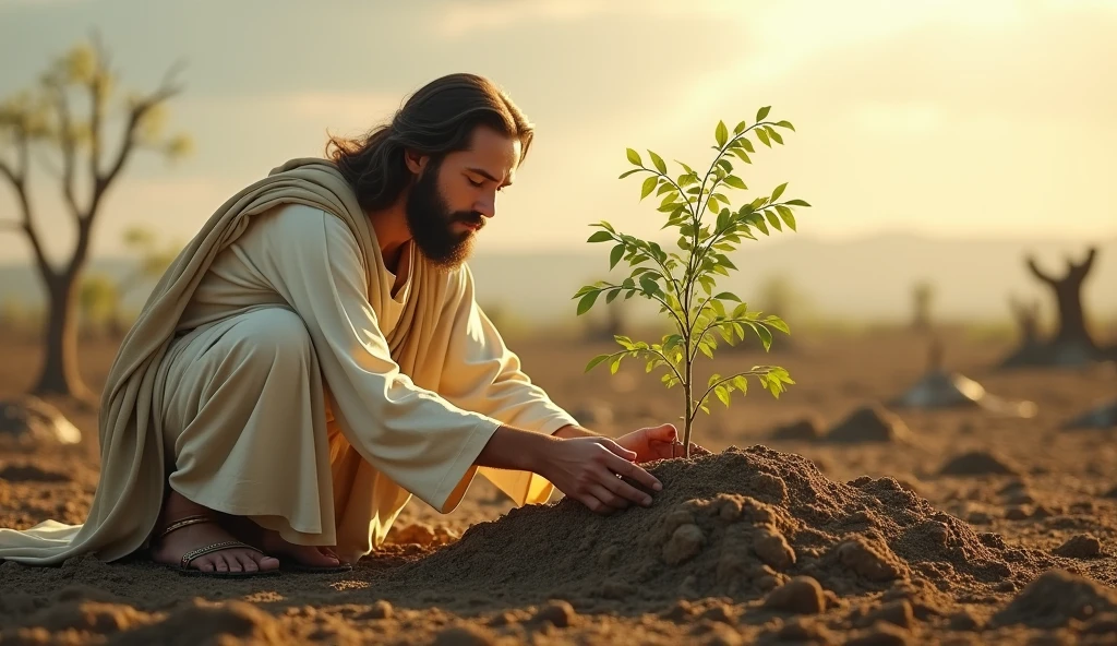 Jesus planting a tree in a deforested area on Earth