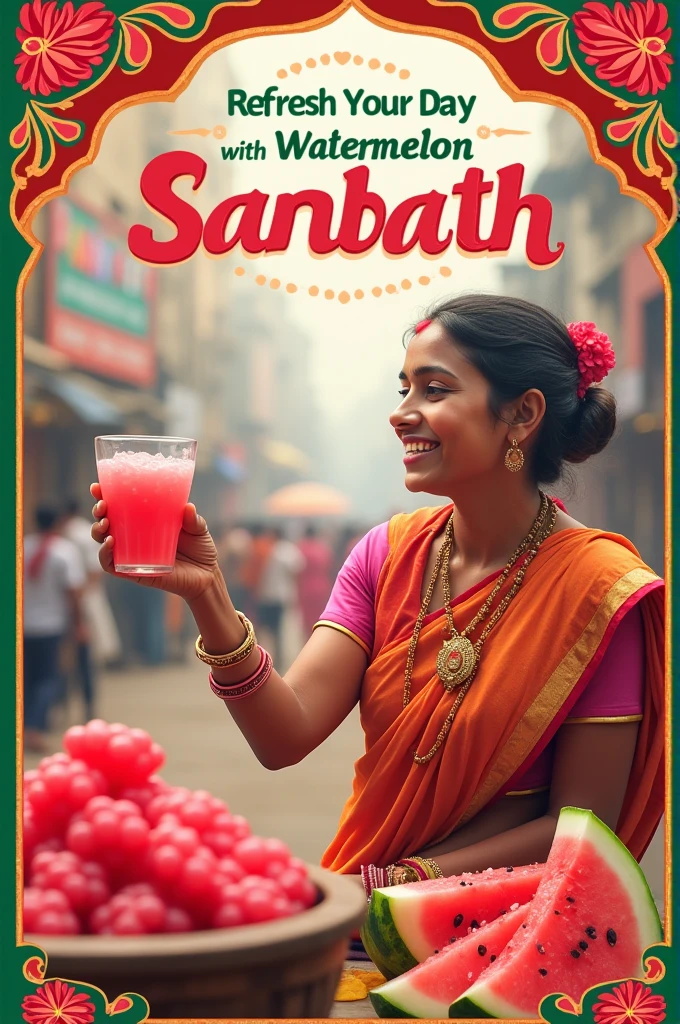  poster of selling water melon sarbath by a  quote "Refresh Your Day with Watermelon Bliss!"