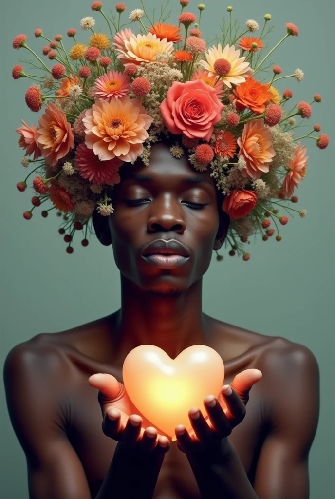Image of a black man with flowers for head and face and holding a love on his hand