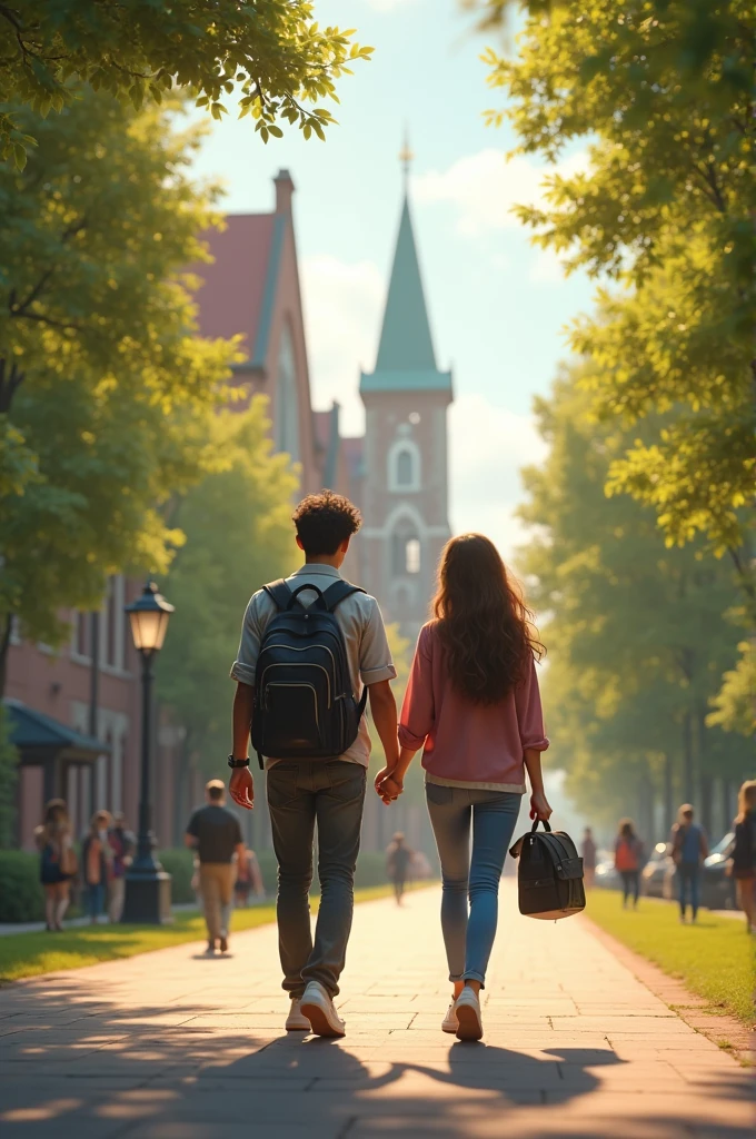 4. **College Moments:** The boy and girl walking hand in hand across a college campus, surrounded by trees and academic buildings.