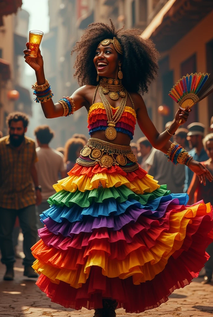 gypsy, wearing a colorful dress with ruffles, each ruffle a different color. full body. very dark skin, curly hair, extroverted, holding a glass in one hand and a fan in the other. wearing lots of gold jewelry with medals. happy, dancing, rich in details