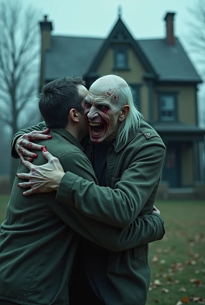 Old men ghost with blood on face attacking human on honted house outside with cool colour with horizontal