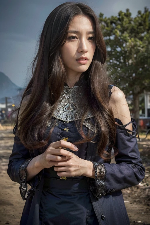 (Ultra-high quality:1.2), (Extremely detailed:1.2), (Extremely detailed clothes:1.2), (Extremely detailed face:1.2), (Extremely detailed eyes:1.2), (Extremely detailed body:1.2), (Extremely detailed的细节:1.2), Young Girl, The clothes are torn, Beautiful long hair, Battlefield in the background, There is fire in the background, night