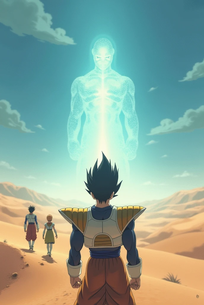 Image of a mirage, where the figure of Bulma and Yamcha fades into the distance and Vegeta from Dragon Ball watches them