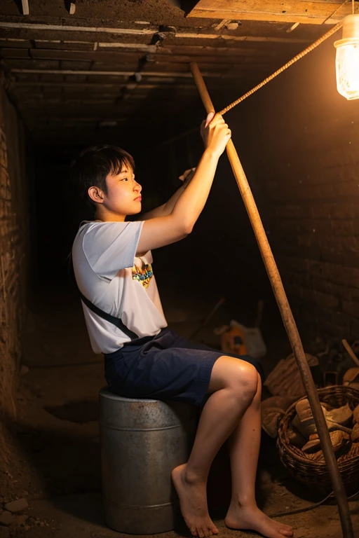 Young Miner,Flowing sweat,Swing the pickaxe down,Hand-dug tunnel,Sparks from a pickaxe,