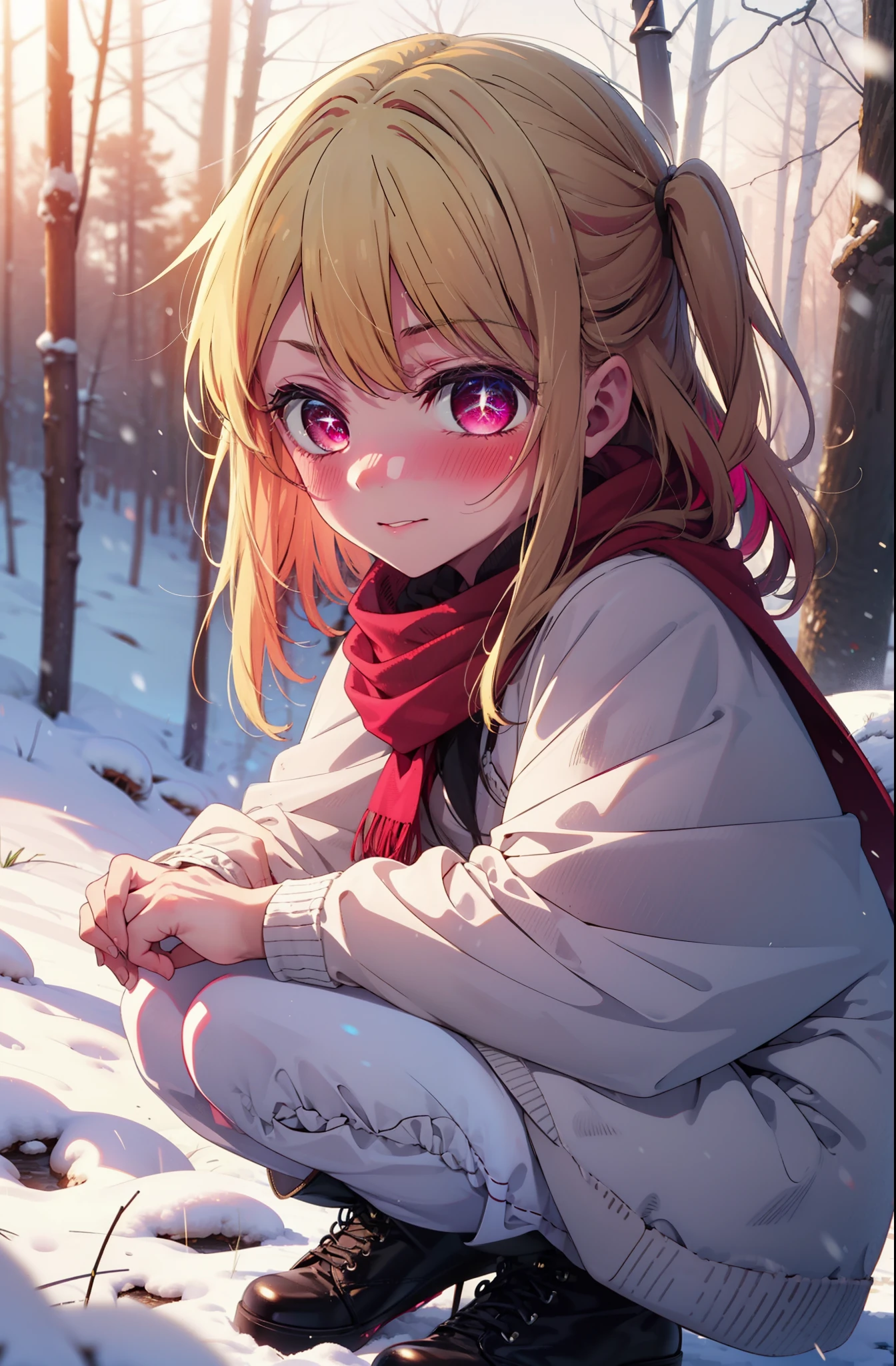 rubyhoshino, Hoshino Ruby, Long Hair, bangs, blonde, (Pink Eyes:1.3), Side Lock, (Symbol-shaped pupil:1.5), Multicolored Hair, Two-tone hair, smile,,smile,blush,white breath,
Open your mouth,snow,Ground bonfire, Outdoor, boots, snowing, From the side, wood, suitcase, Cape, Blurred, , forest, White handbag, nature,  Squat, Mouth closed, Cape, winter, Written boundary depth, Black shoes, red Cape break looking at viewer, Upper Body, whole body, break Outdoor, forest, nature, break (masterpiece:1.2), Highest quality, High resolution, unity 8k wallpaper, (shape:0.8), (Beautiful and beautiful eyes:1.6), Highly detailed face, Perfect lighting, Extremely detailed CG, (Perfect hands, Perfect Anatomy),