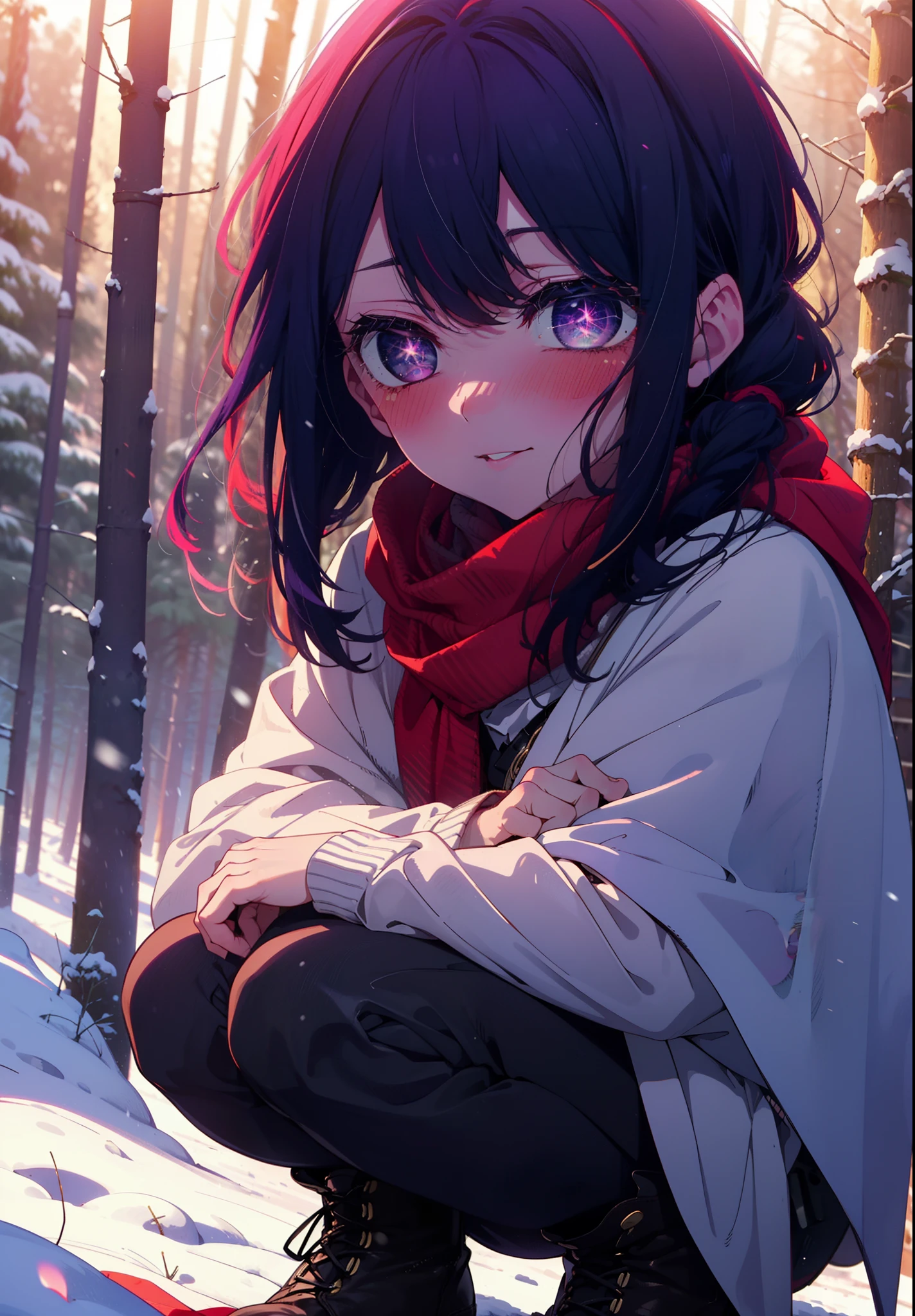aihoshino, Ai Hoshino, Long Hair, bangs, (Purple eyes:1.1), Purple Hair, (Symbol-shaped pupil:1.5), smile,,smile,blush,white breath,
Open your mouth,snow,Ground bonfire, Outdoor, boots, snowing, From the side, wood, suitcase, Cape, Blurred, , forest, White handbag, nature, Squat, Mouth closed, Cape, winter, Written boundary depth, Black shoes, red Cape break looking at viewer, Upper Body, whole body, break Outdoor, forest, nature, break (masterpiece:1.2), Highest quality, High resolution, unity 8k wallpaper, (shape:0.8), (Beautiful and beautiful eyes:1.6), Highly detailed face, Perfect lighting, Extremely detailed CG, (Perfect hands, Perfect Anatomy),