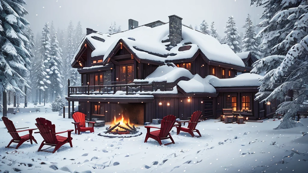 there is a fire place with chairs and a fire in it, outside in snow snowing, snowfall at night, cinematic outdoor lighting, winter setting, unreal engine cinematic, perfect lighting in a snow storm, unreal 5 engine rendered, ps5 cinematic screen capture, cinematic render unreal engine, immensely detailed scene, unreal 6 breathtaking detailed, unreal engine ; romantic theme, cozy setting