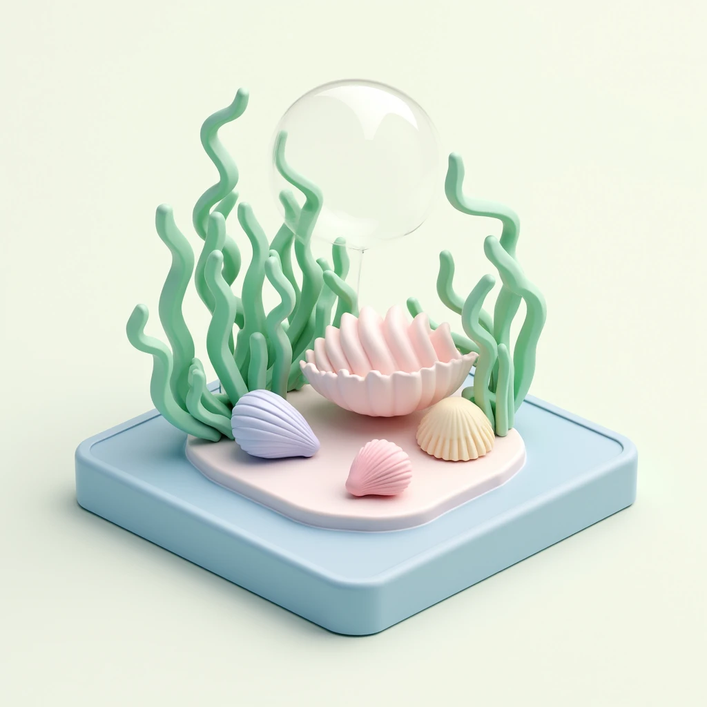 3D isometric view with minimalist pastel palette of seaweed and seashells