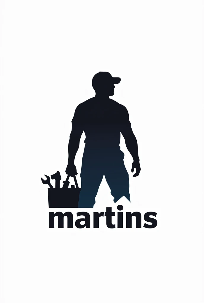 Create a Modern Brand Logo with the Name (martins) at the bottom and a silhouette of a man holding a tool bag with construction and renovation items, white background