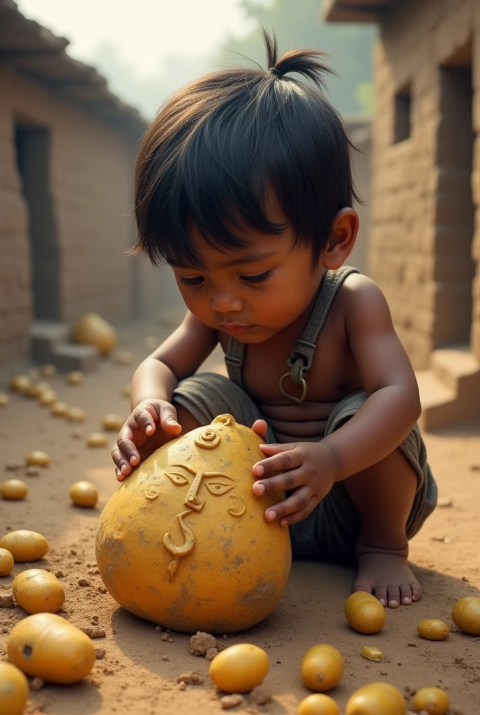 Show a poor child making an idol of Lord Shiva from potatoes.