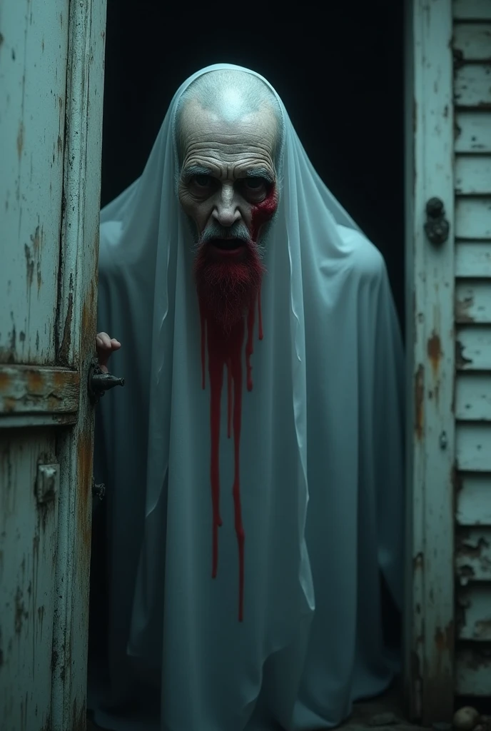 Old men ghost with blood on face on honted house outside with cool colour with horizontal 