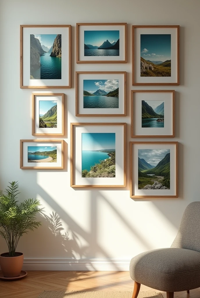 8 to 10 photo frames are installed on the wall of a room, each photo frame will be of different types and the picture in the middle of the frames will be of nature. The image size will be 4000px × 4000px
