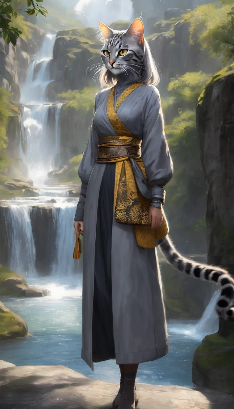 1girl, furry, grey cat, solo, slim, yellow eyes, short fur, grey fur, grey hair, gray fur, confident, big smile, cleric, simple clothes, teenager, modest, tabaxi, khajiit, 17 year old, grey leopard, spotted grey fur, full-length, round medallion with a picture a waterfall