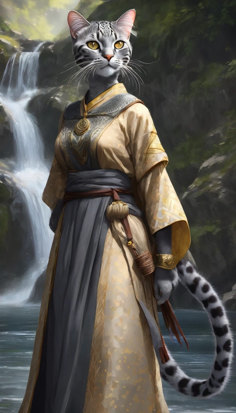 1girl, furry, grey cat, solo, slim, yellow eyes, short fur, grey fur, grey hair, gray fur, confident, big smile, cleric, simple  clothes, teenager, modest, tabaxi, khajiit, 17 year old, grey leopard, spotted grey fur, full-length, round medallion with a picture a waterfall