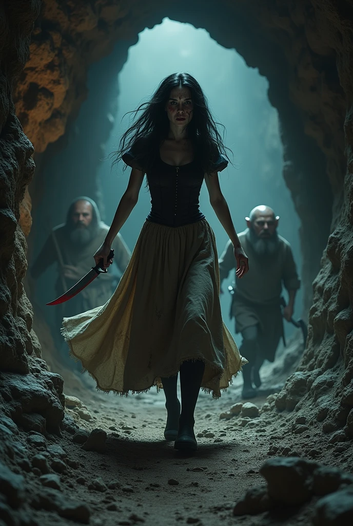 Snow White entering the mine with a knife to kill the dwarves with the dwarves in the background working