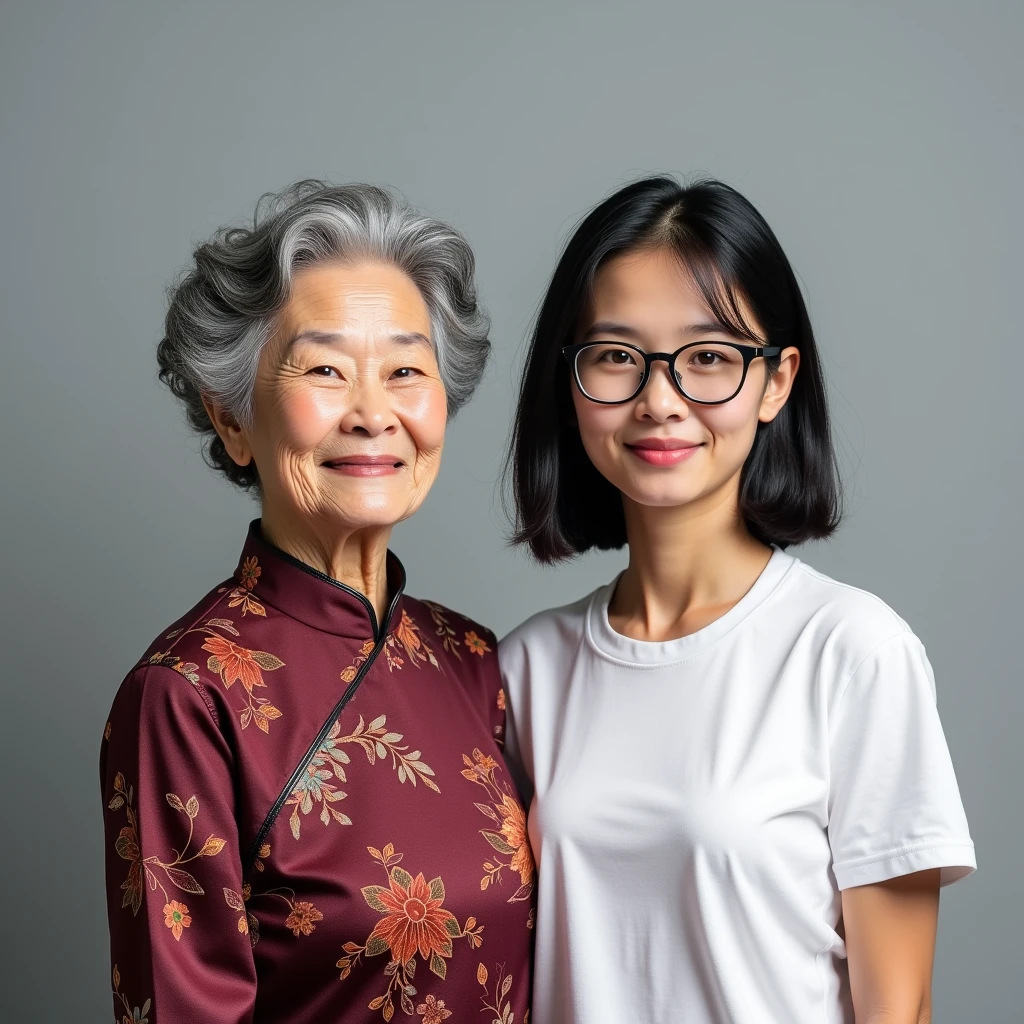 photorealisic portrait taken at studio, family photo shows a grandma of 60-yo, together with her granddaughter of age 19, asian female, they are having different figures: "the grandma has round face with wrinkles, nice smile, grey short curly hair, wearing traditional burgundy-red floral pattern grandma dress"; "the young lady granddaughter is age of 19, is a post-secondary school student , wears White color sport t-shirt casual wear, one length black hair, wear black-framed glasses", in flat grey background