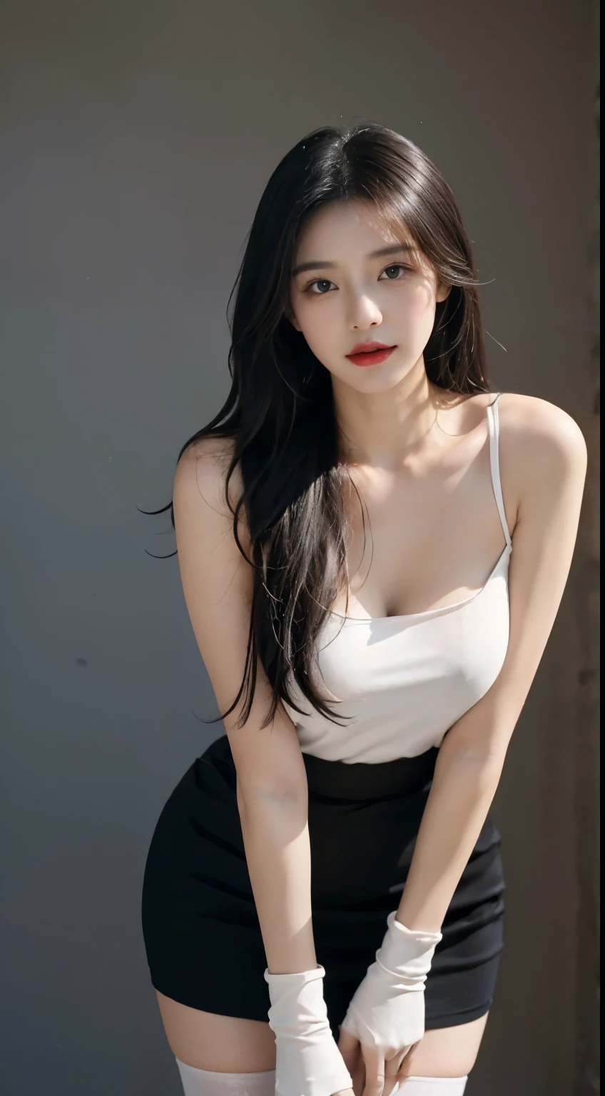 A perfect young female white-collar worker,Chinese big breasts,High picture quality,Works of masters,Black hair,Long hair shawl,Long hair flowing over the shoulders,cropped shoulders,clavicle,exquisite face,Hydrated red lips,blue-shirt,Banzoe bartic(show legs),Hosiery,white stockings,((Wearing black gloves))Real Human,Interior wall background,CG rendering,16K,Stand up,Empty interior,Do not show your hands,Close-up shot