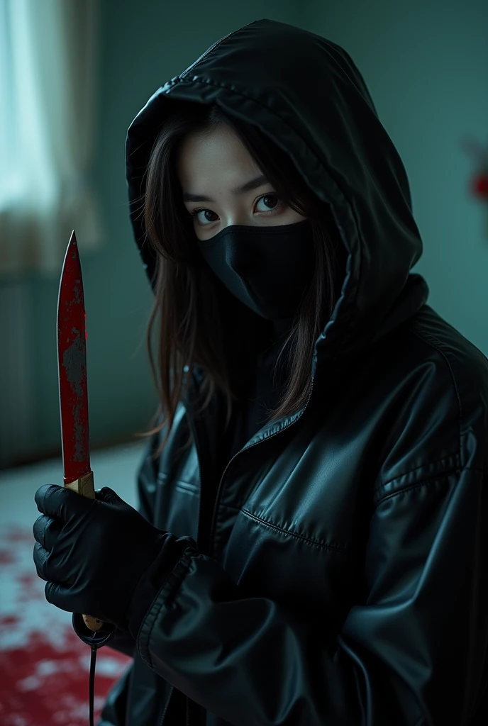 korean girl, (behind corpse, balaclava girl), holding knife, stabbing, black gloves, room full of blood, black raincoat, forehead, plump girl, glamorous girl, hood up, holding knife, black gloves, behind corpse, looking at viewer, blood splatter, 20 years old, bed room, black wet suit, night, mass murderer, killer, robbery, dark atmosphere, cinematic lighting, atmospheric realistic, light from the window, close-up,
