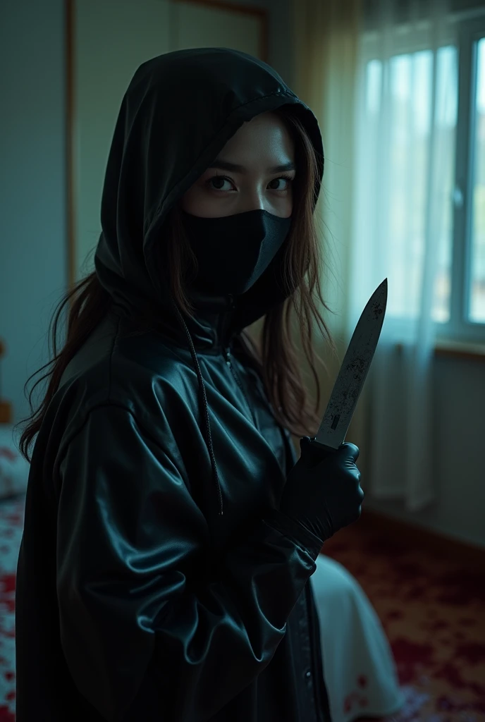 korean girl, (behind corpse, balaclava girl), holding knife, stabbing, black gloves, room full of blood, black raincoat, forehead, plump girl, glamorous girl, hood up, holding knife, black gloves, behind corpse, looking at viewer, blood splatter, 20 years old, bed room, black wet suit, night, mass murderer, killer, robbery, dark atmosphere, cinematic lighting, atmospheric realistic, light from the window, close-up,