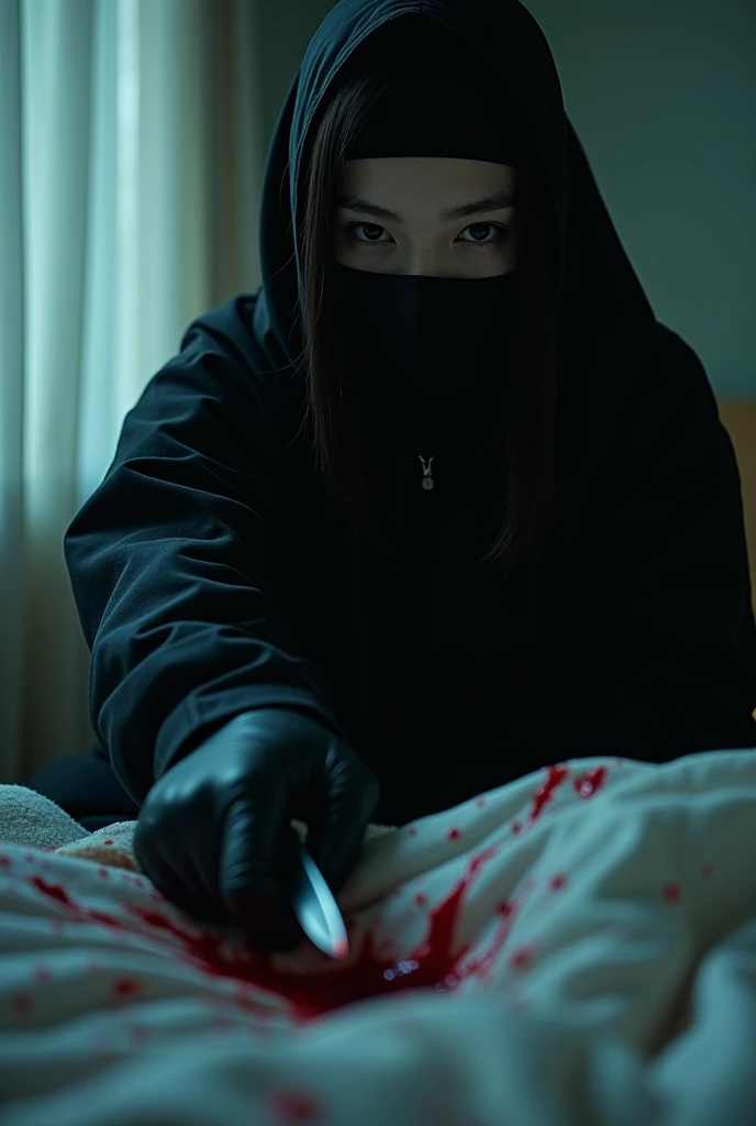 korean girl, (behind corpse, balaclava girl), holding knife, stabbing, black gloves, room full of blood, black raincoat, forehead, plump girl, glamorous girl, hood up, holding knife, black gloves, behind corpse, looking at viewer, blood splatter, 20 years old, bed room, black wet suit, night, mass murderer, killer, robbery, dark atmosphere, cinematic lighting, atmospheric realistic, light from the window, close-up,
