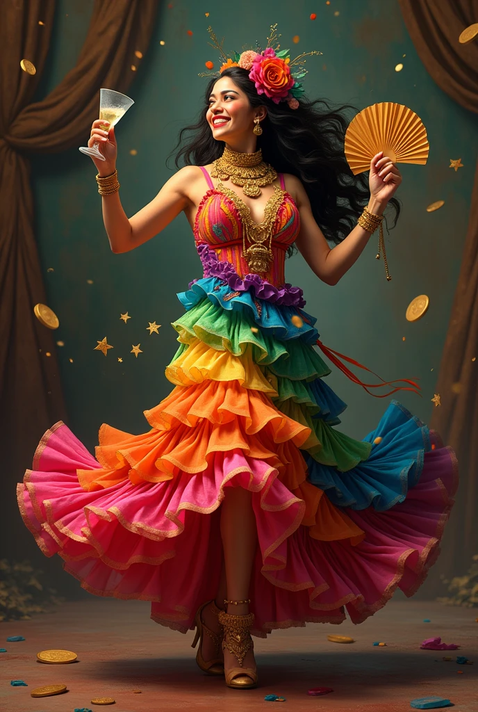 gypsy, wearing a colorful dress with ruffles, each ruffle a different color. full body. Latin skin, long hair, extroverted, holding a glass in one hand and a fan in the other. wearing lots of gold jewelry with medals. happy, dancing, rich in details