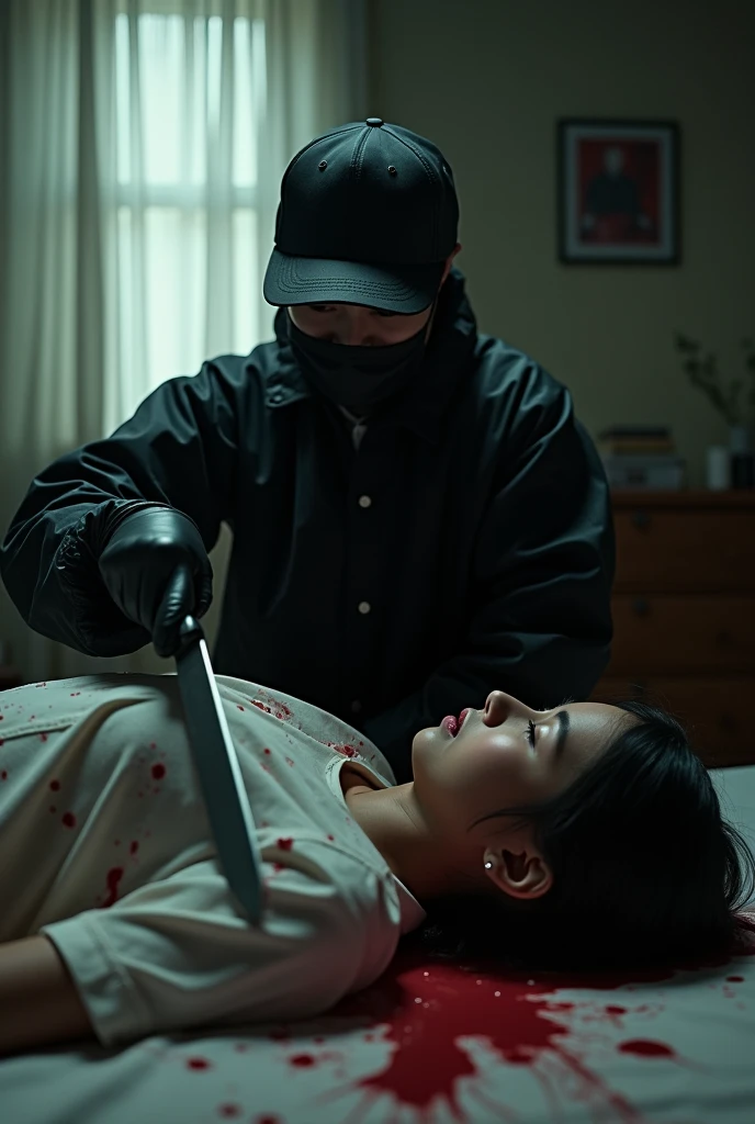 korean girl, (behind ??????, holding knife), black surgical mask, black gloves, room ?????????????, black raincoat, trucker hat, holding knife, black gloves, woman on top, behind ??????, blood splatter, on the bed, mass murderer, killer, low ponytail, blood splatter, dark atmosphere, cinematic lighting, atmospheric realistic, light from the window, close-up,
