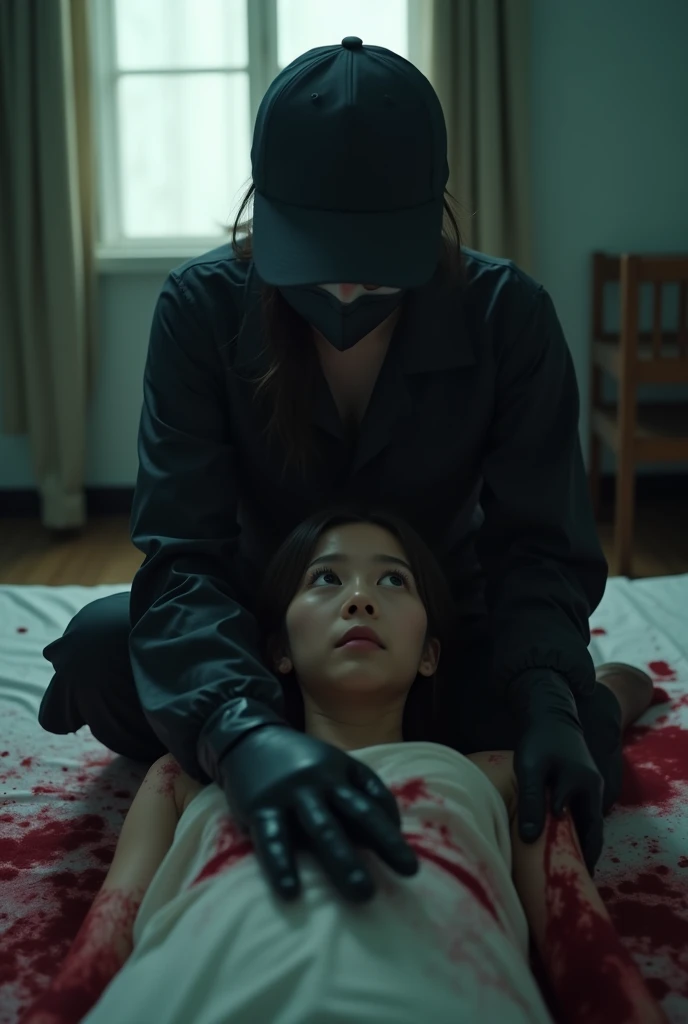 korean girl, (behind corpse, holding knife), black surgical mask, black gloves, room full of blood, black raincoat, trucker hat, holding knife, black gloves, woman on top, behind corpse, blood splatter, on the bed, mass murderer, killer, low ponytail, blood splatter, dark atmosphere, cinematic lighting, atmospheric realistic, light from the window, close-up,
