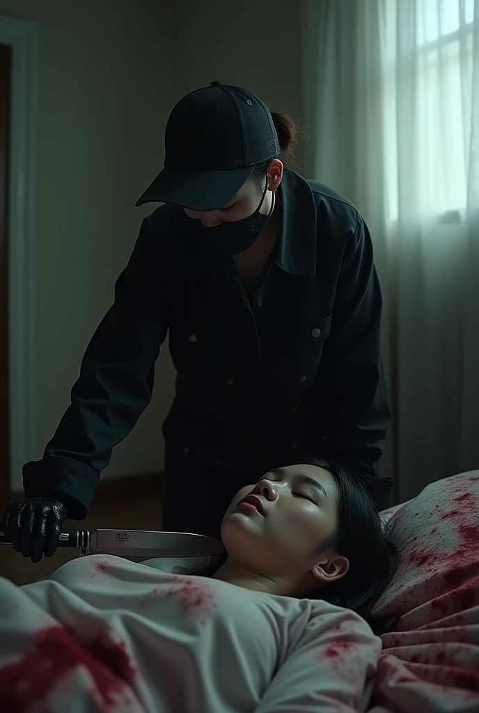 korean girl, (behind corpse, holding knife), black surgical mask, black gloves, room full of blood, black raincoat, trucker hat, holding knife, black gloves, woman on top, behind corpse, blood splatter, on the bed, mass murderer, killer, low ponytail, blood splatter, dark atmosphere, cinematic lighting, atmospheric realistic, light from the window, close-up,
