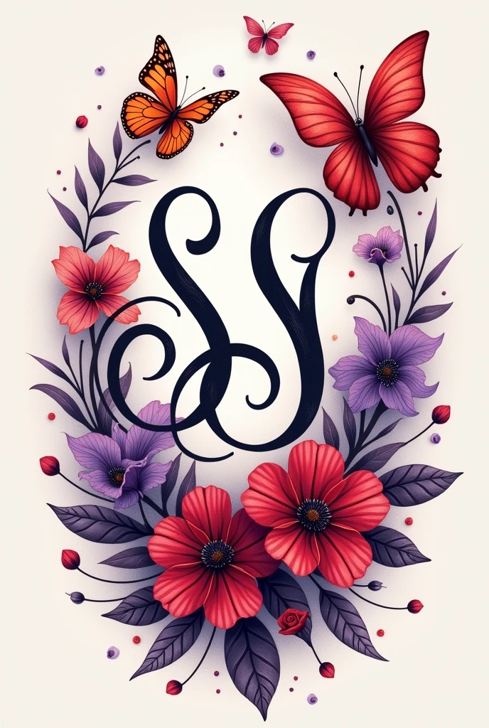 I want you to make a tattoo design with the letters SSI in cursive surrounded by red and purple flowers and red and purple butterflies that looks really nice but that the letters look really pretty and are understandable if anything like that but the flower design is like the previous one.