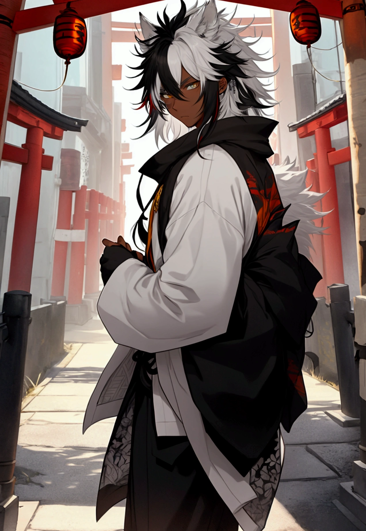 white shirt, wearing a black sweatshirt with silver details , white sneakers with black details, black pants, yellow and black eyes heterochromia, expression of calm, Messy hair , Medium length hair , 1 men , multicolored black and white hair ( focus on hair containing both colors) , two tone hair , dark skin color(focus on dark skin 1.1), in a western environment , with a torii (traditional japanese gate.) na sua frente, by his side he has a wolf , with messy white fur, blue colored eyes