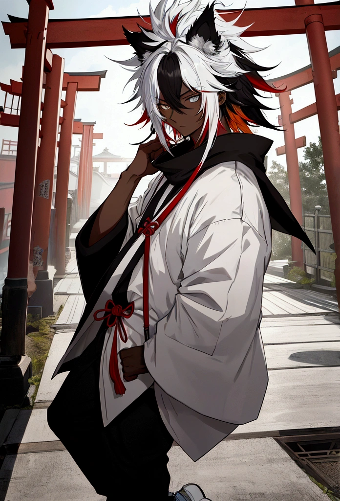 white shirt, wearing a black sweatshirt with silver details , white sneakers with black details, black pants, yellow and black eyes heterochromia, expression of calm, Messy hair , Medium length hair , 1 men , multicolored black and white hair ( focus on hair containing both colors) , two tone hair , dark skin color(focus on dark skin 1.1), in a western environment , with a torii (traditional japanese gate.) na sua frente, by his side he has a wolf , with messy white fur, blue colored eyes