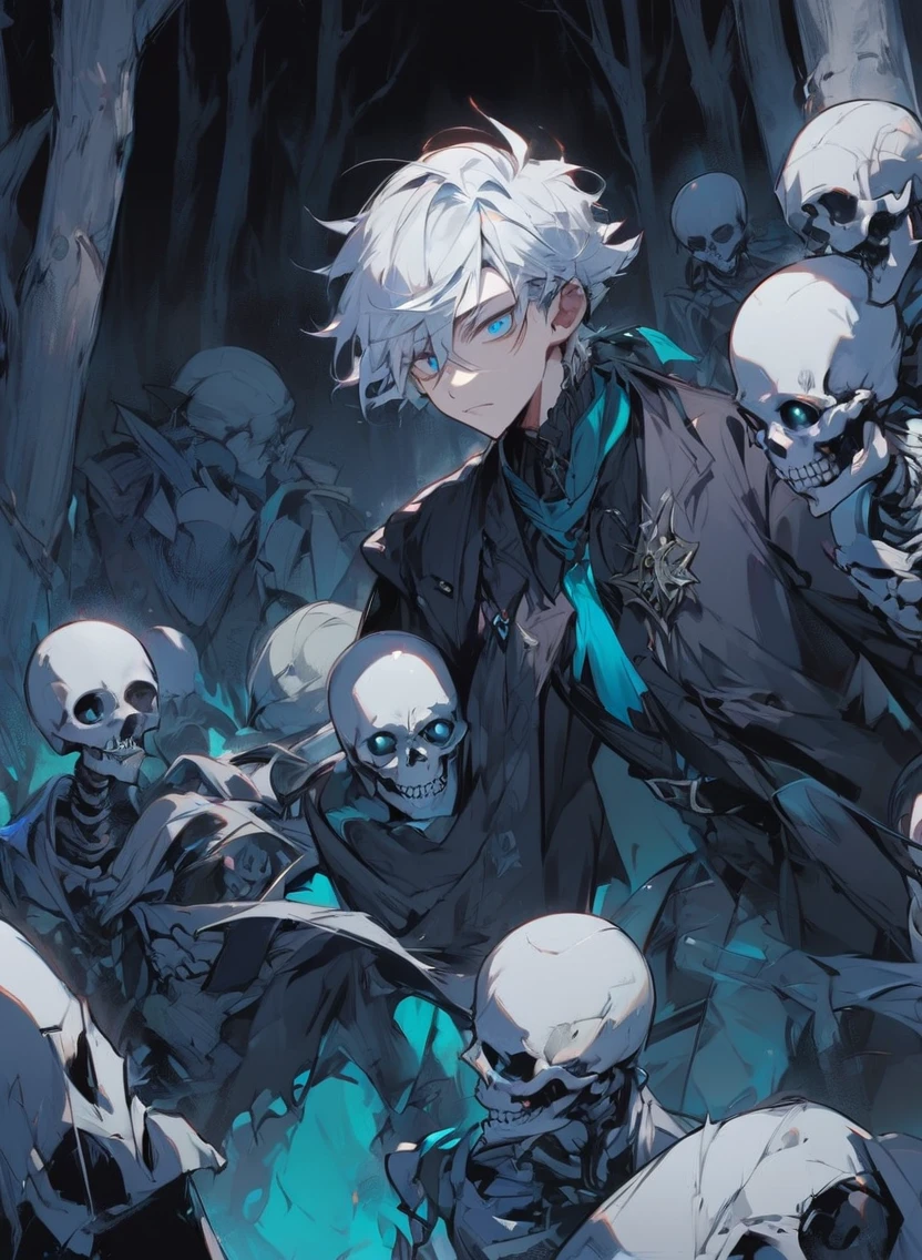 young man ,Male Dark, dark Woods, cold colors, man white hair with blue eye, Warlock dnd , Skeleton army in background, calm face expression