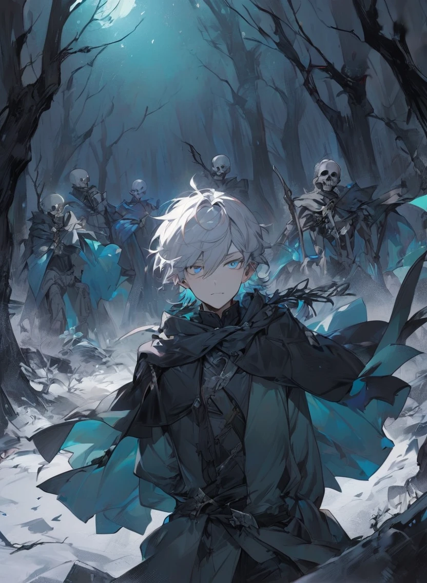 young man ,Male Dark, dark Woods, cold colors, man white hair with blue eye, Warlock dnd , Skeleton army in background, calm face expression