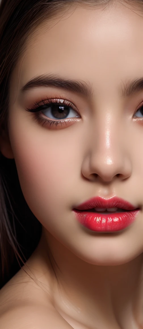 masterpiece、Detailed Lips Photo、Detailed portrait、Macro close-up on lips、Glossy lips、Moist breath、White Breath、Thick lower lip、Half-open lips、鬠红、Lips painted with red gloss