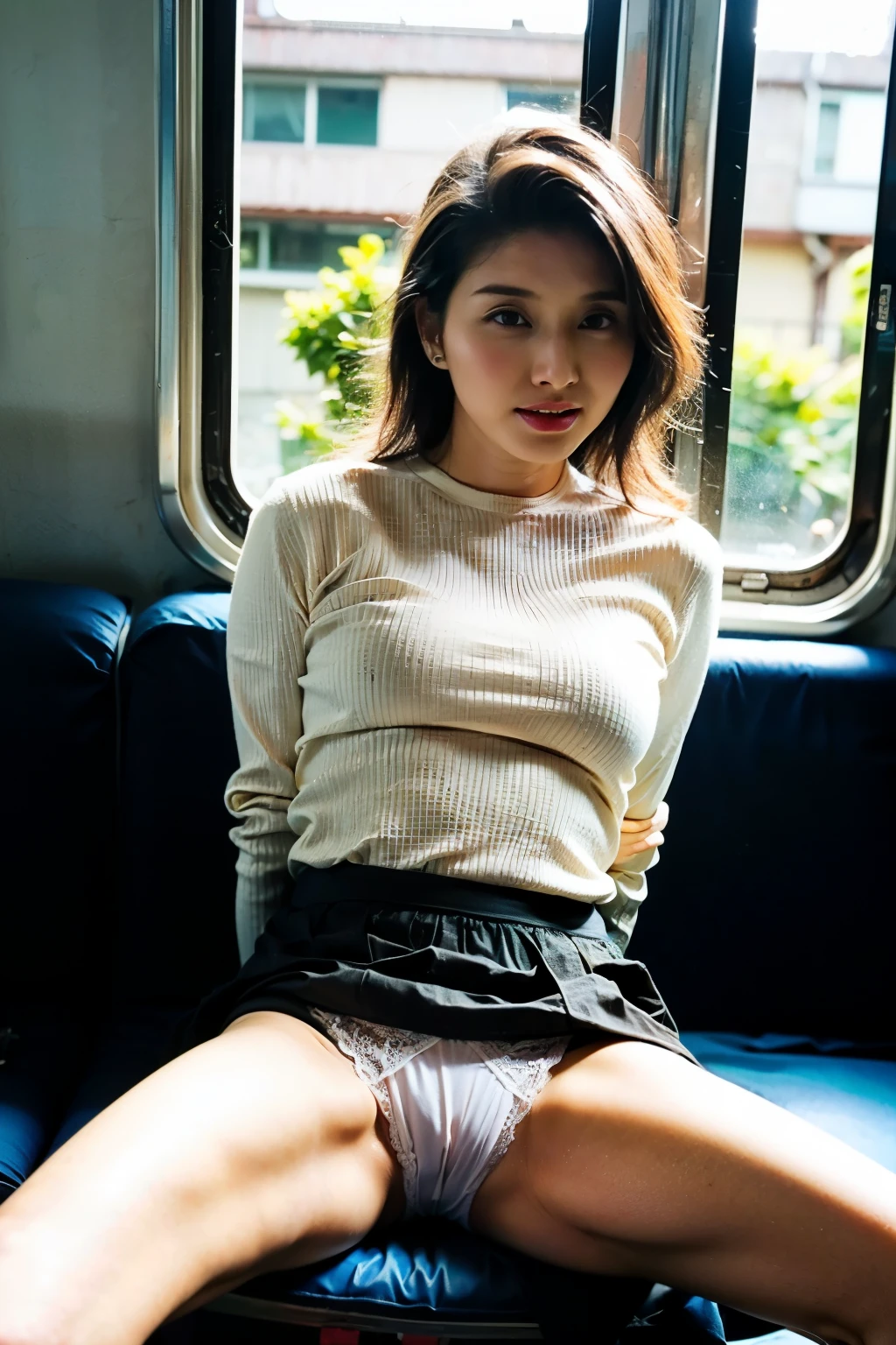 8k, RAW Portrait (Japanese women),masterpiece、Photorealistic:1.3、Realistic, Ultra-high resolution, Highest quality, Real Life Photos、(On the early morning train:1.1),(((Showing off her pure white panties:1.4)))、((Visible white panties:1.4))、((A girl sitting on a train seat and looking at her smartphone))、((((1 person:1.5)))), (((電車内でスカートをたくし上げてShow off your pants女子:1.4)))、(Cute Face:1.3)、日本の1 person、((日本の普段着を着たJapanese women))、((本物の女子大生1 person))、((ロングA woman rolling up her skirt:1.6))、Black Hair,(Written boundary depth:1.3)、 ((Dark brown eyes:1.2))、(Realistic skin texture:1.3)、(Immersive atmosphere:0.8、Chiaroscuro:1.2) 、(Show Viewer:1.3)、((Expressionless:1.3))、((Red cheeks:1.1))、((She is wearing tiny white panties with lacy frills.))、((Show off your pants:1.4))、((A woman rolling up her skirt))、((highlight panties))、The cutest in the world、((Spread your legs out to the side:1.4))、Panty shot、The natural light coming through the car window is too bright、Shining Sun、Woman is leaking pee、A woman is urinating、