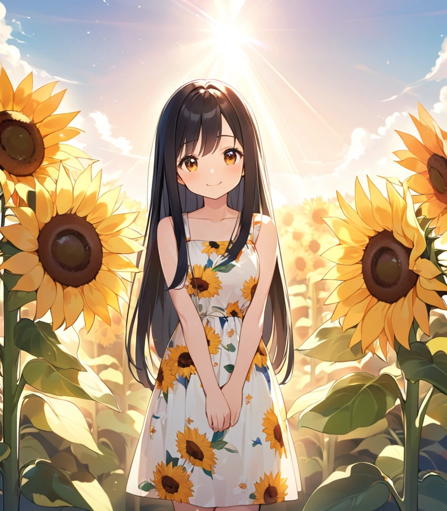 Girl, cute, adorable, chest to head, straight hair, long hair, black hair, sunny, big chest, sunlight streaming in, floral print dress, standing straight, daytime, sunflower background, gently and calmly smiling