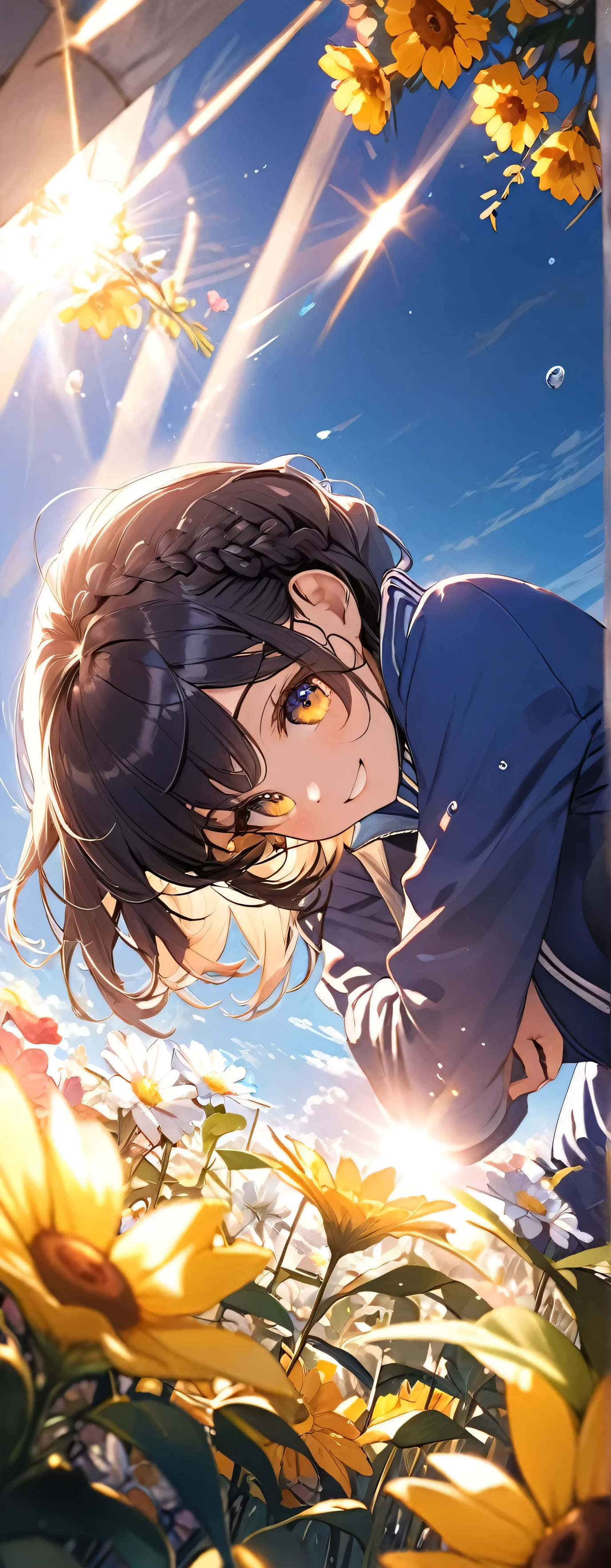 masterpiece, Highest quality, Ultra-high resolution, (beautiful girl: 1.3), (Crown braid＆Straight hair&short hair),Indigo Hair,Highly detailed eyes,Yellow and black eyes,Looks about 15 years old、 (Blue sweatpants:1.3), (The jacket is a blue track jacket.....: 1.3),Flower Field,((Focus on the very big things, Round and beautifully shaped butt)),fine,Big smile,I have flowers,sunlight through trees,slant eyes,(((the world turns upside down)))