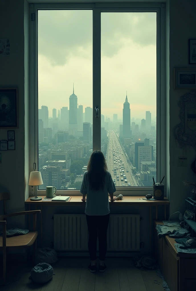 a small apartment overlooking a beautiful city. The city started to get polluted. The sky is dark