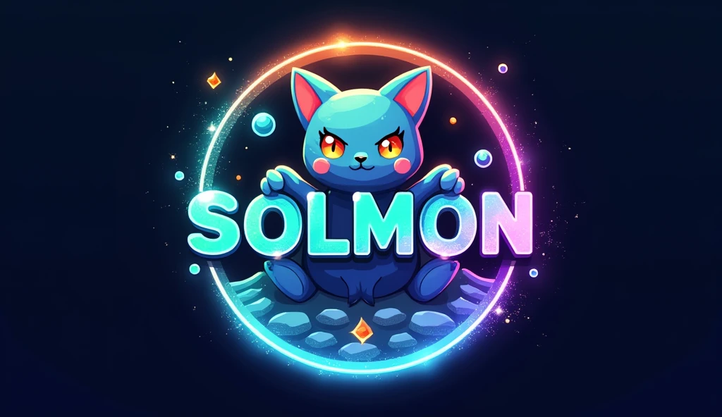 Design a circular logo for 'SOLMON - Solana Monsters' that reflects a fusion of modern, playful aesthetics with the essence of elemental-themed creatures, similar to the Pokémon style. The logo should feature a central emblem, such as a stylized cat monster animal or creature that represents the 'Solana' theme, using a vibrant color palette of blues, greens, and purples with glowing accents. The creature should have distinct characteristics that align with an elemental type (e.g., fire, water, earth), and be rendered in a way that captures both the power and cuteness of the design. Surround the emblem with a circular border that incorporates subtle textures or gradients reminiscent of digital or cosmic elements. The text 'SOLMON' should be prominently displayed within the circular design, using bold, rounded typography that feels both friendly and adventurous. Integrate elements like small digital sparks, stars, or waves around the text and emblem to give the logo an otherworldly, magical vibe. Ensure the overall design is clean, balanced, and visually striking, making it easily recognizable and suitable for branding purposes.