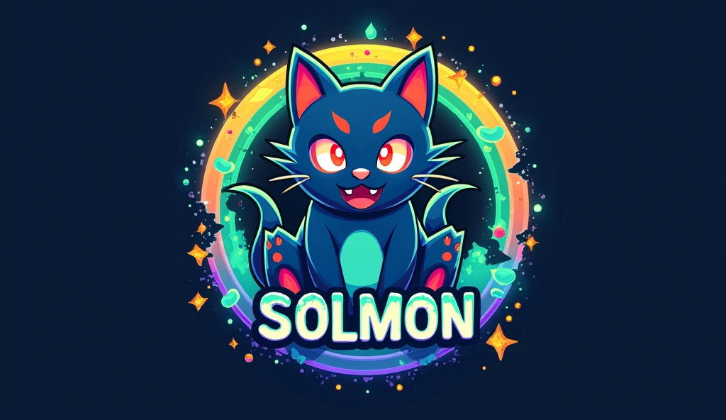 Design a circular logo for 'SOLMON - Solana Monsters' that reflects a fusion of modern, playful aesthetics with the essence of elemental-themed creatures, similar to the Pokémon style. The logo should feature a central emblem, such as a stylized cat monster animal or creature that represents the 'Solana' theme, using a vibrant color palette of blues, greens, and purples with glowing accents. The creature should have distinct characteristics that align with an elemental type (e.g., fire, water, earth), and be rendered in a way that captures both the power and cuteness of the design. Surround the emblem with a circular border that incorporates subtle textures or gradients reminiscent of digital or cosmic elements. The text 'SOLMON' should be prominently displayed within the circular design, using bold, rounded typography that feels both friendly and adventurous. Integrate elements like small digital sparks, stars, or waves around the text and emblem to give the logo an otherworldly, magical vibe. Ensure the overall design is clean, balanced, and visually striking, making it easily recognizable and suitable for branding purposes.