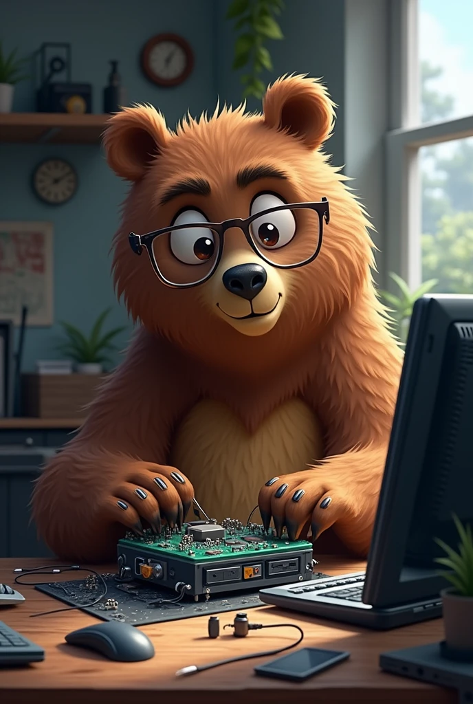 A brown bear wearing glasses is sitting and fixing a computer.