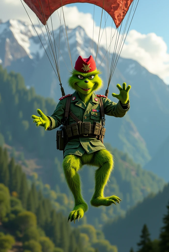 Grinch parachutist in Ecuadorian military uniform and wearing a red beret with a gold wing