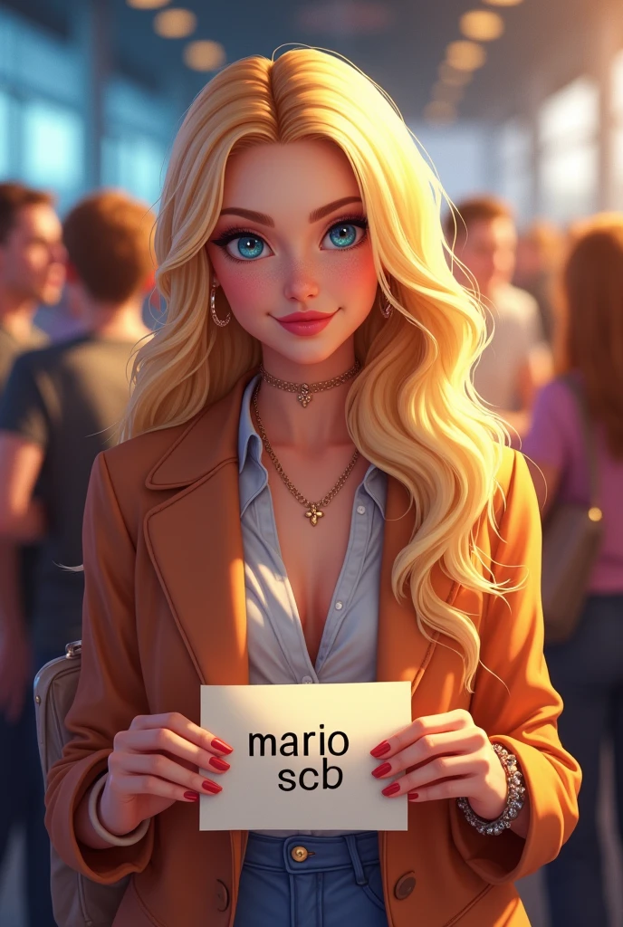 A very attractive blonde woman doing a fansign. He holds a paper that says "mario scb" while posing smiling.