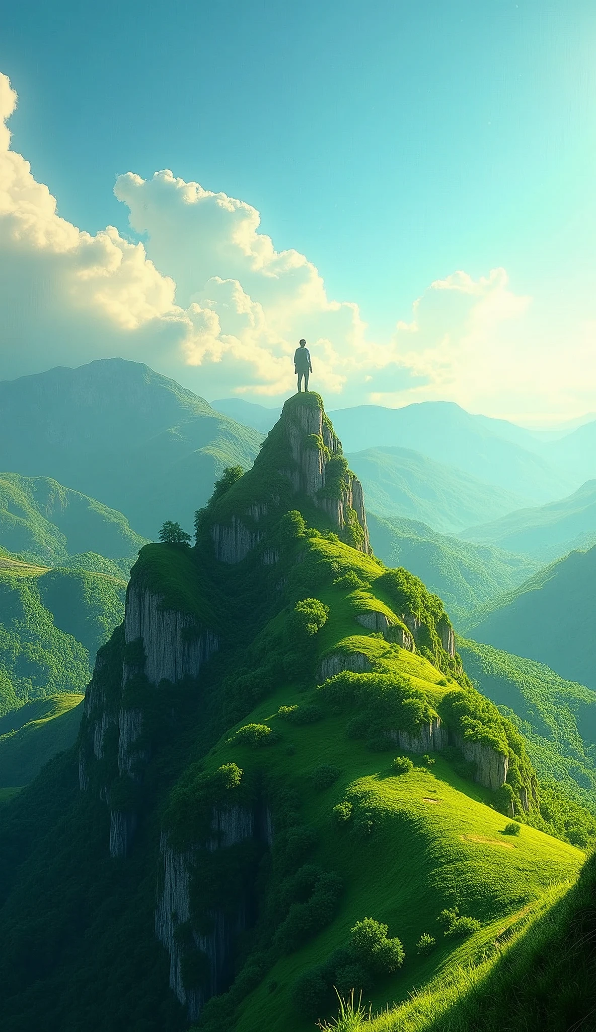 A lone figure standing confidently on a lush, green mountain peak under a bright blue sky with soft clouds. The landscape is vibrant with shades of green from the surrounding forests and hills, symbolizing growth, renewal, and harmony with nature. The sun shines warmly, casting a gentle light that enhances the vividness of the scene, representing hope, positivity, and the serene beauty of the natural world