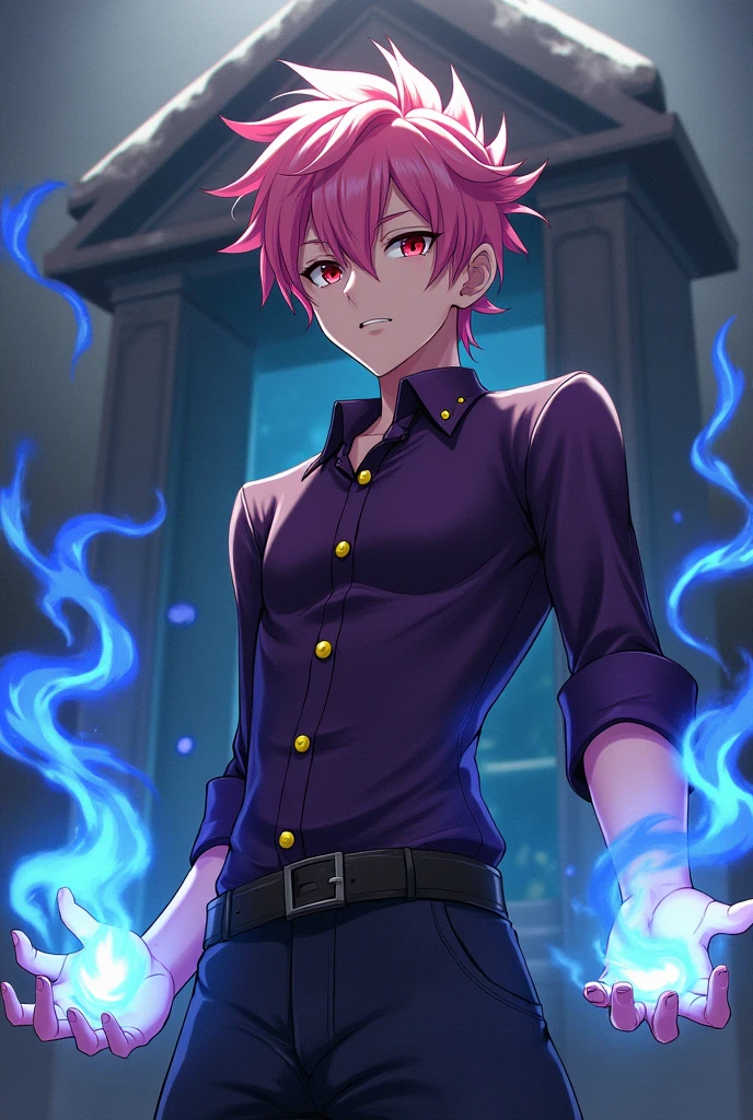 Do the Itadori! he has pink hair, He's masculine, he has a dark purple shirt and there are small yellow dots in the middle of his shirt! And he has skin color! And he has some blue fireworks in his hands! And there are some black details near his eyes.! And he has red eyes! And he has sukuna inside him! And he has a shrine with a mouth behind him!
